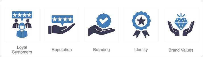 A set of 5 Branding icons as loyal customer, reputation, branding vector