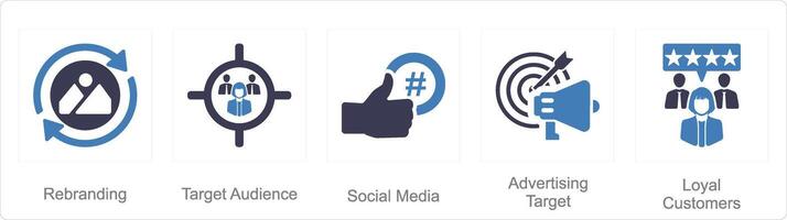 A set of 5 Branding icons as rebranding, target audience, social media vector