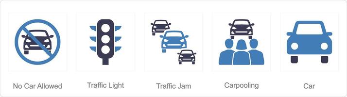 A set of 5 Car icons as no car allowed, traffic light, traffic jam vector