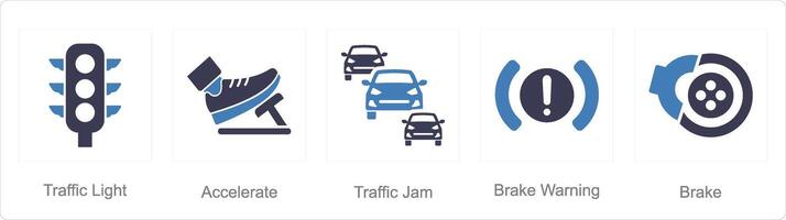 A set of 5 Car icons as traffic light, accelerate, traffic jam vector