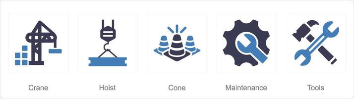 A set of 5 Build icons as crane, hoist, cone vector