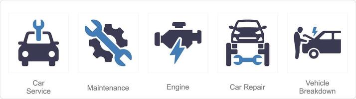 A set of 5 Car icons as car service, maintenance, engine vector