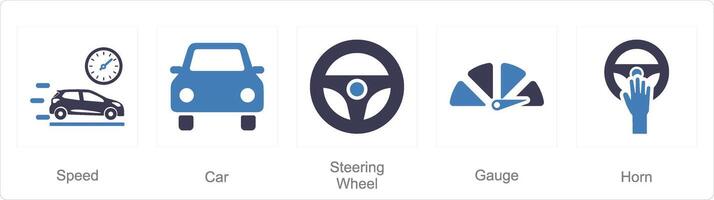 A set of 5 Car icons as speed, car, steering wheel vector