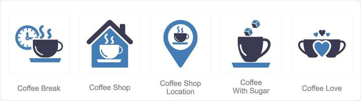 A set of 5 Coffee icons as coffee break, coffee shop, coffee shop location vector