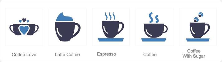 A set of 5 Coffee icons as coffee love, latte coffee, espresso vector