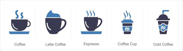 A set of 5 Coffee icons as coffee, latte coffee, espresso vector