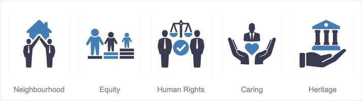 A set of 5 Community icons as neighbourhood, equity, human rights vector