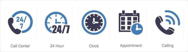 A set of 5 Contact icons as call center, 24 hour, clock vector