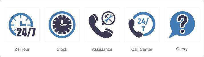 A set of 5 Contact icons as 24 hour, clock, assistance vector