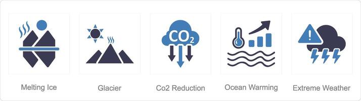 A set of 5 climatechange icons as melting ice, glacier, co2 reduction vector