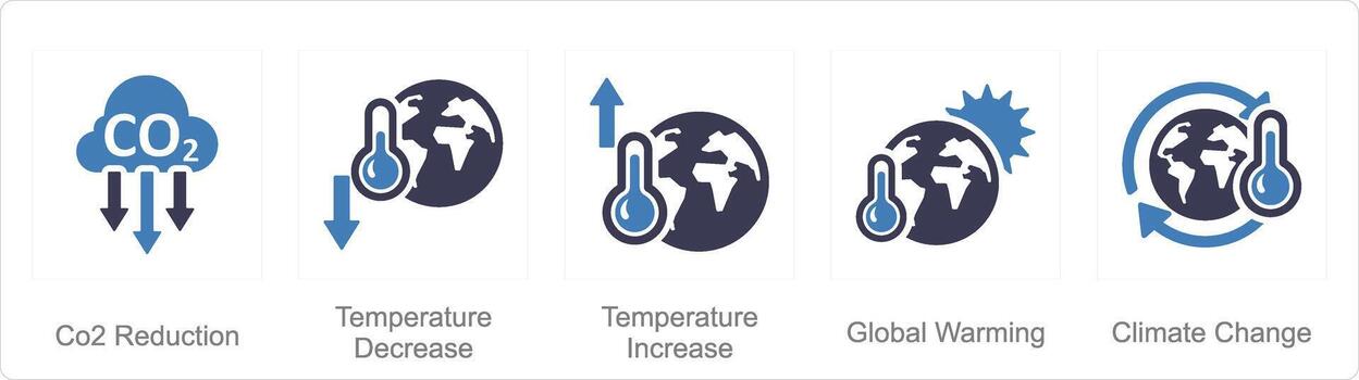 A set of 5 climatechange icons as co2 reduction, temperature decrease, temperature increase vector