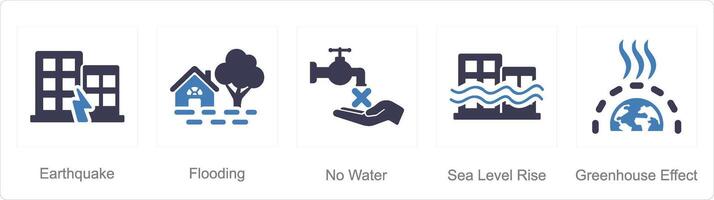 A set of 5 climatechange icons as earthquake, flooding, no water vector