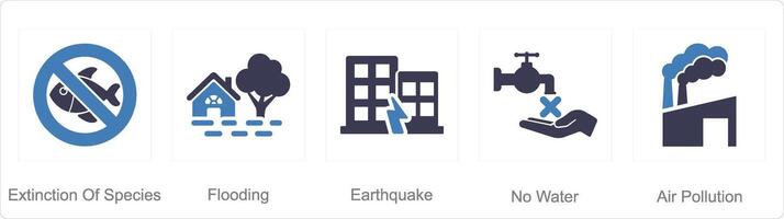 A set of 5 climatechange icons as extinction of species, flooding, earthquake vector