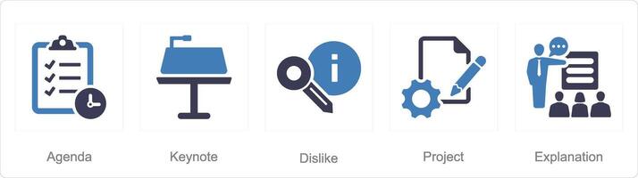 A set of 5 business presentation icons as agenda, keynote, dislike vector