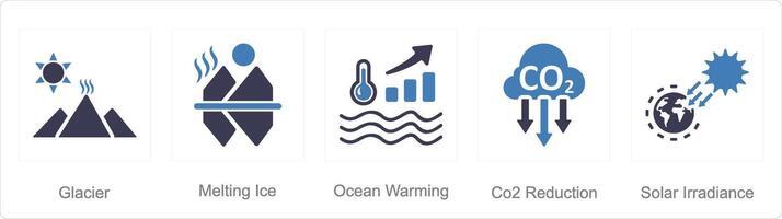 A set of 5 climatechange icons as glacier, melting ice, ocean warming vector