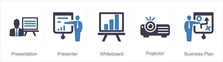 A set of 5 business presentation icons as presentation, presenter, white board vector