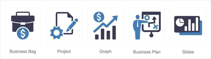 A set of 5 business presentation icons as business bag, project, graph vector