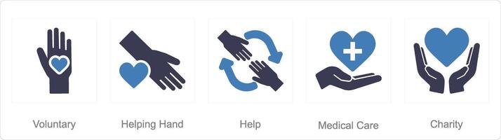A set of 5 charity and donation icons as voluntary, helping hand, help vector