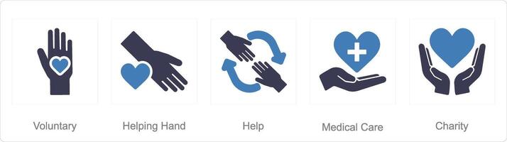 A set of 5 charity and donation icons as voluntary, helping hand, help vector