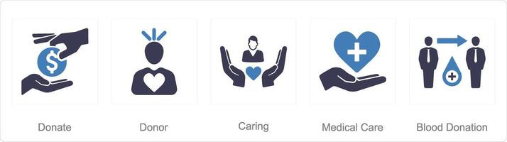 A set of 5 charity and donation icons as donate, donor, caring vector