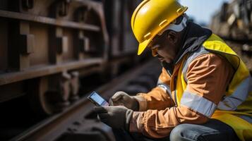 ai generado contento construcción trabajadores sonriente y utilizando teléfonos inteligentes a cheque Progreso a trabajo sitio foto