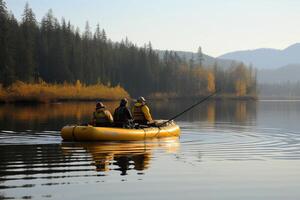 ai generado pescador atrapando pescado en inflable barco con Copiar espacio, al aire libre pesca con caña pasatiempo foto