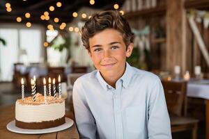 AI generated Cheerful boy with birthday cake for festive celebration and copy space photo