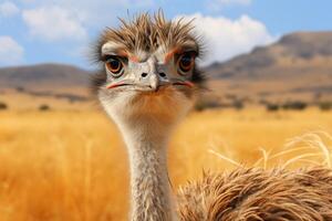 AI generated Funny graceful ostrich striding through african savanna amidst diverse flora and fauna photo