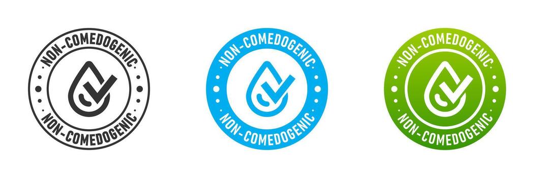 Non comedogenic icon. Droplet and checkmark in circle with lettering. Vector illustration.