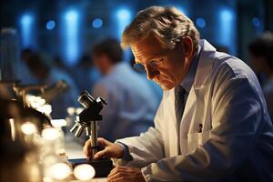 AI generated Scientist intently analyzing biological specimen through microscope with copy space in laboratory photo