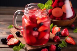 AI generated Refreshing Berry Drink in a Glass Jug with Fresh Berries and Space for Custom Text photo