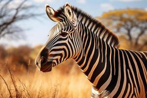 AI generated Close up thrilling zebra safari adventure amidst the wilderness photo