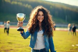 AI generated Cheerful preteen girl holding champion cup and beaming with a radiant smile, celebrating victory photo