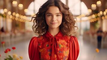 AI generated Attractive girl in bright dress looking at camera with copy space, portrait photography concept photo