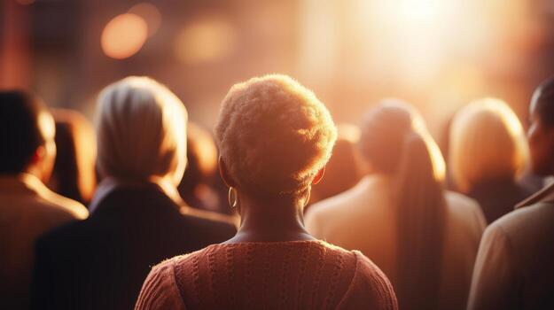 AI generated Diverse group of people gazing at the horizon, with blurred background and copy space photo
