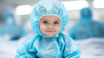 AI generated Smiling kid scientist in lab coat, space for text, profession concept photo