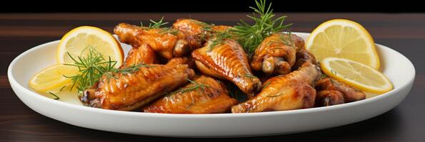 AI generated Appetizing chicken wings topped with lemon and herbs with copy space. Banner photo