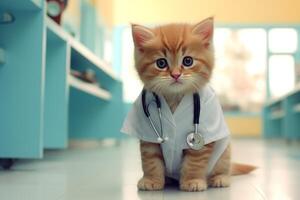 ai generado bebé atigrado gatito veterinario en clínica. gato en un doctores disfraz con un estetoscopio en un veterinario clínica mira a el cámara con Copiar espacio para texto. mascotas, salud, vacunación foto