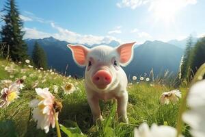 ai generado adorable cerdito felizmente trote en el sereno alpino prados, rodeado por naturalezas belleza foto