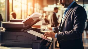 AI generated Businessman printing paper on a multifunction laser printer in a business office photo