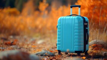 AI generated Travel suitcase on blurred defocused autumn background with copy space for text and travel concept photo