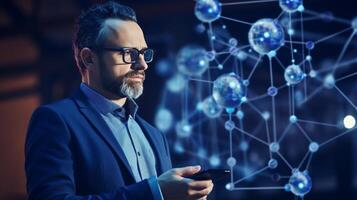 AI generated Digital innovation and future technology concept with man interfacing data network photo