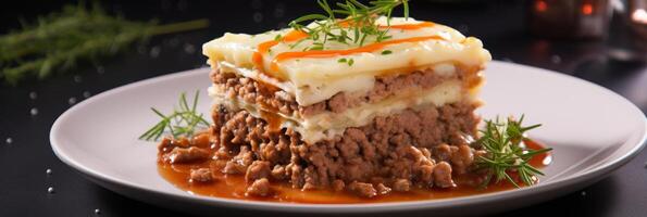 AI generated Banner. Delicious and fragrant shepherds pie classic savory pie with minced meat and mashed potatoes for the restaurant menu with space for text photo