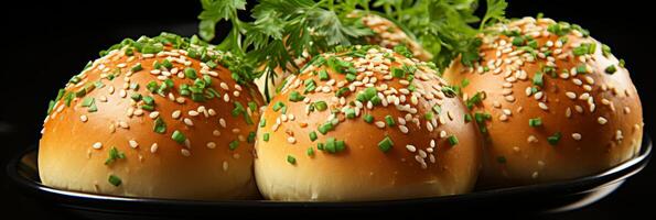 AI generated Delicious buttered buns with sliced bread and fresh parsley. Banner with copy space for text photo