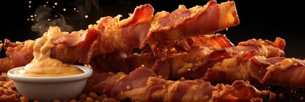 AI generated Crispy bacon strips background for tasty recipes, culinary blogs, and breakfast menu designs photo