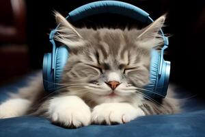 AI generated Adorable cat wearing headphones. immersed in melodies, waiting for your captions and texts photo