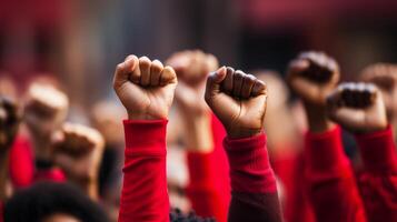 AI generated Diverse group showing unity and agreement in rally, raising hands together in solidarity photo