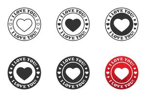 A set of round stamps with a heart shape inside and the inscription I love you. Vector illustration.