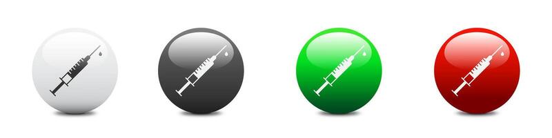 Syringe with drop on a round glossy button, and a shadow under it. Flat vector illustration.