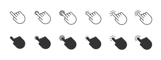 Set of computer mouse cursor icons. Collection of hand pointer symbols. Click the hand icon. Flat vector illustration.